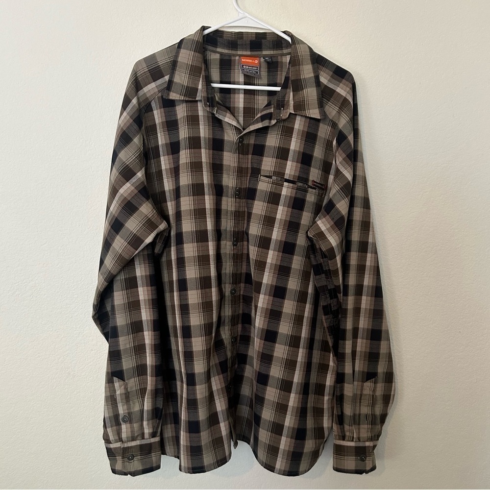 Merrell Brown Opti-Wick Plaid
Long Sleeve Button Up Shirt Size XXL UPF 30+